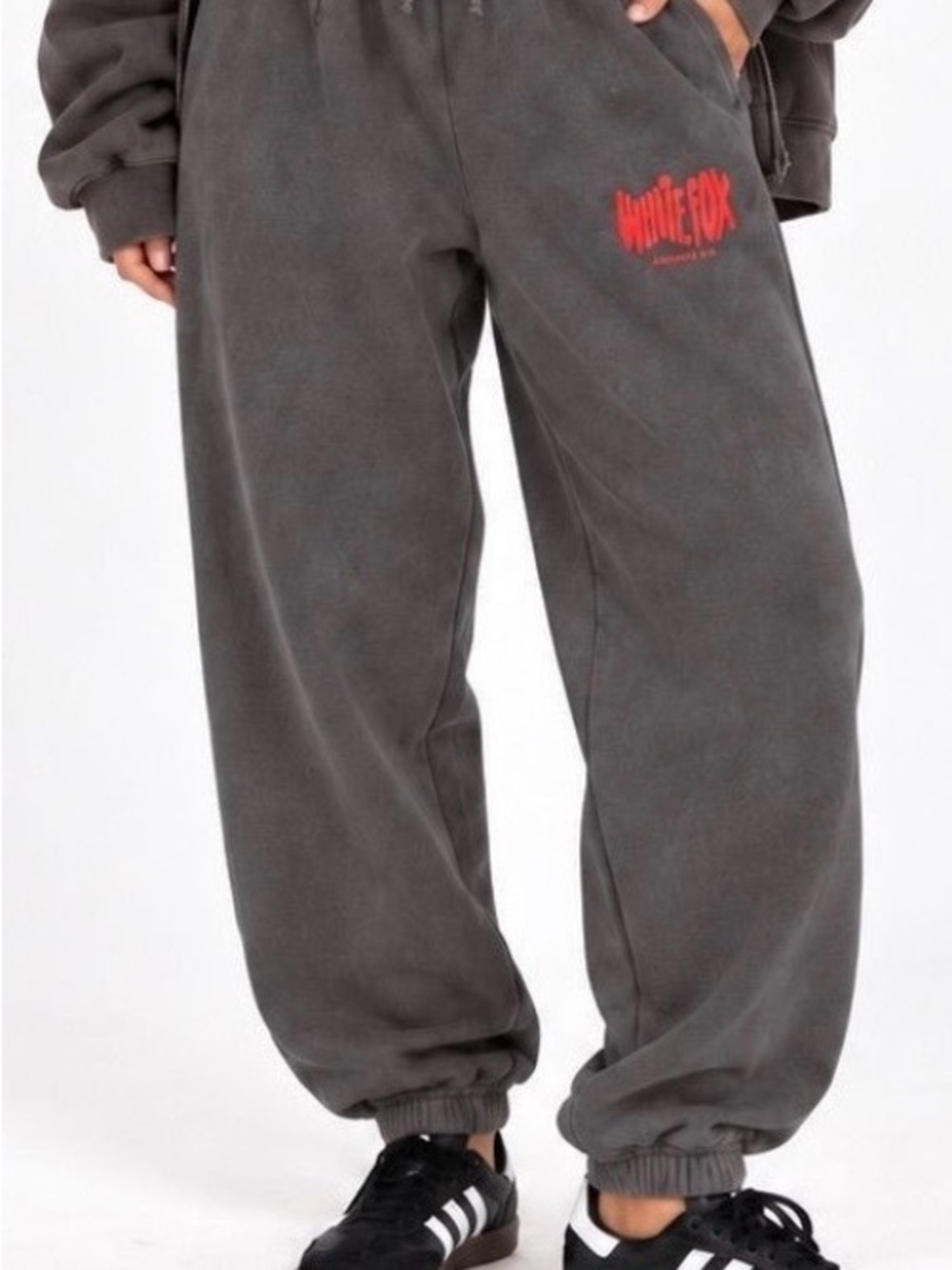 White Fox Boutique Charcoal Track Joggers with Red Logo